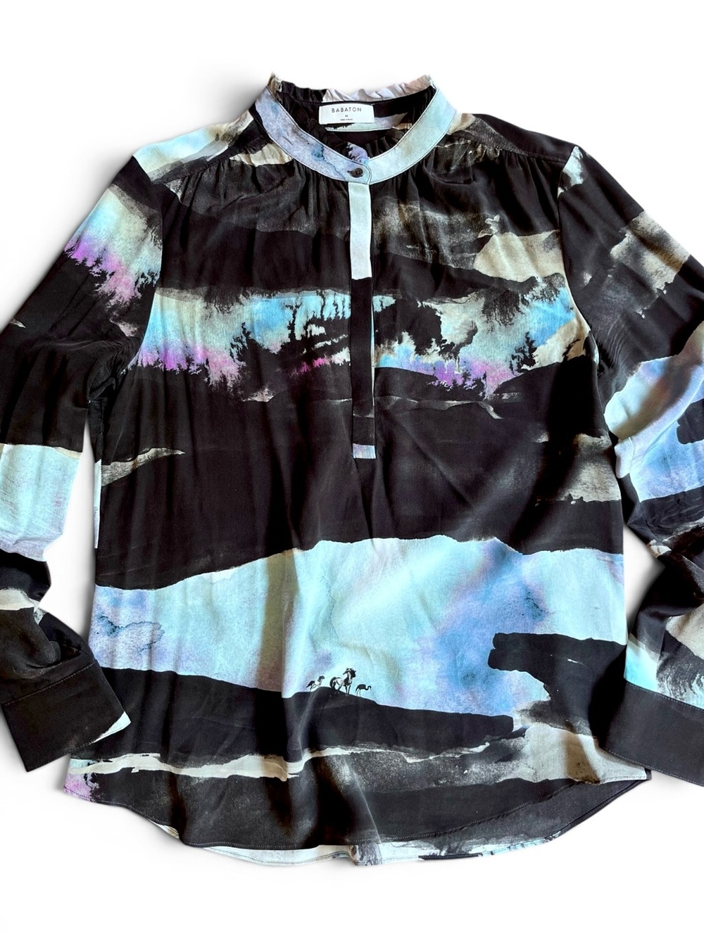Babaton 100% Silk Blouse | Watercolor Landscape Print Horses & Crane | Sz M NWOT